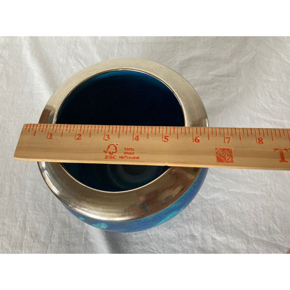 Vintage Handmade Studio Pottery Blue Round Circular Vase Signed Silver Band Rim - Picture 5 of 8
